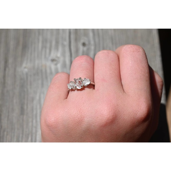 Three Stone Raw Diamond Engagement Ring, Rough Diamond Wedding Band, Uni… - Picture 2 of 7